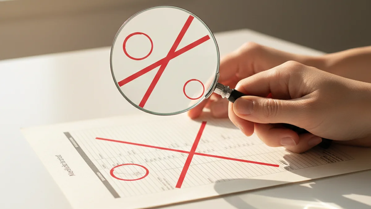 Mãos com lupa revelando marcações de erro em documento médico impresso.