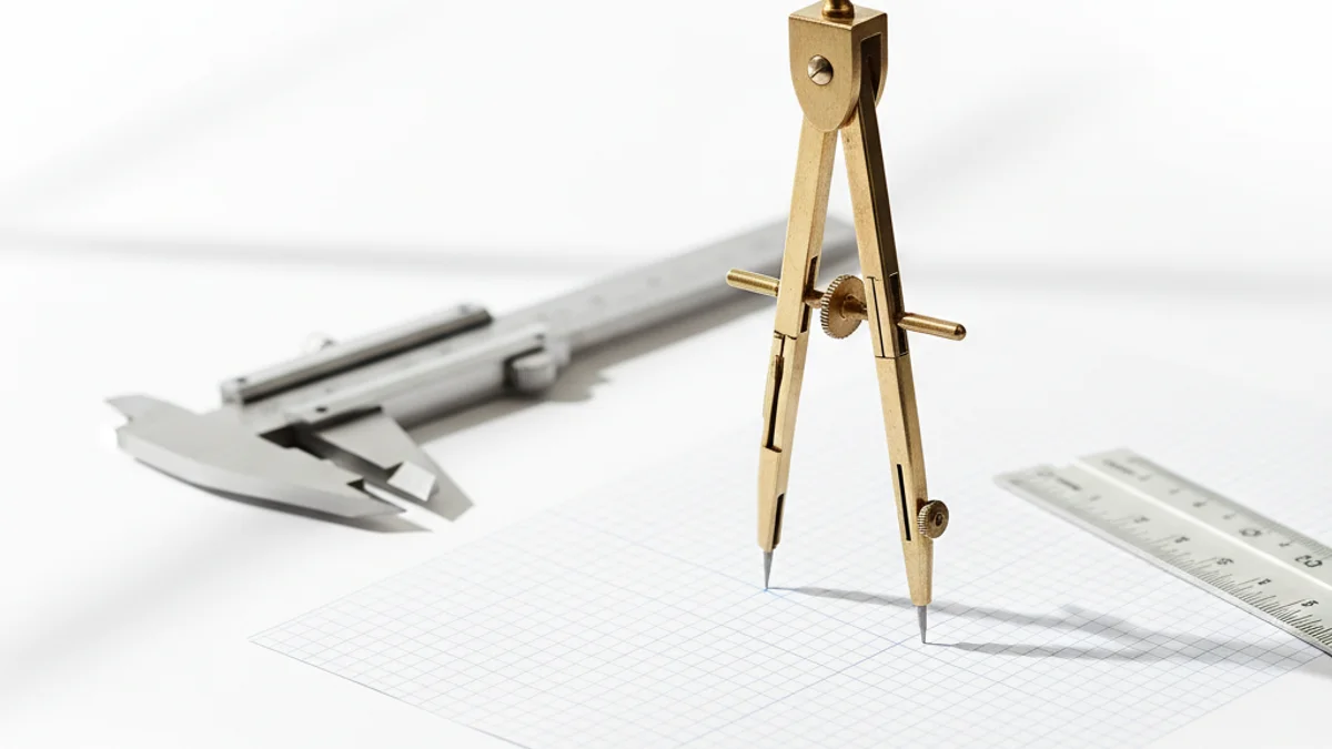 Ferramentas de precisão como compasso e paquímetro sobre bancada de madeira iluminada.