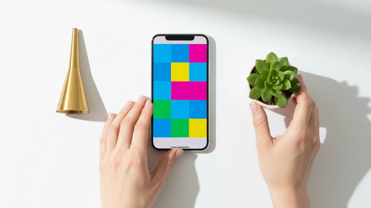 Mãos organizando flat lay com celular, funil dourado e cartões de visita.