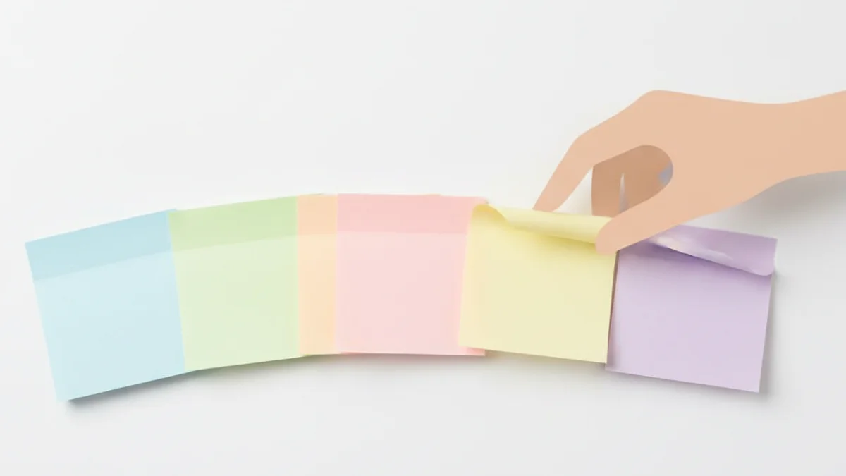 Mão virando post-its coloridos enfileirados sobre mesa de madeira com luz natural.