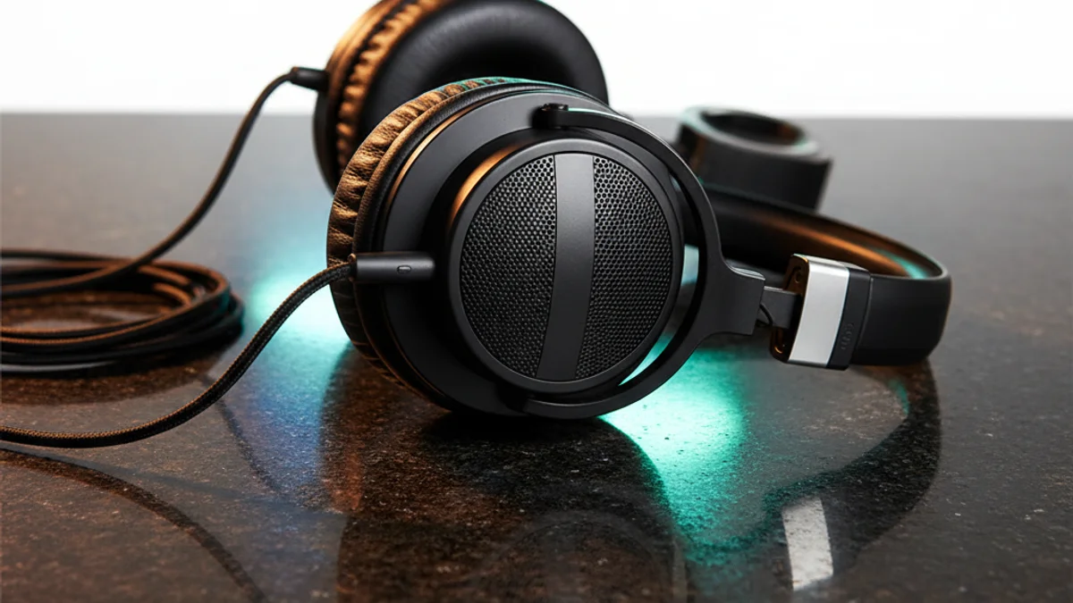 Fones de ouvido profissionais sobre superfície escura com reflexos coloridos de múltiplas fontes.