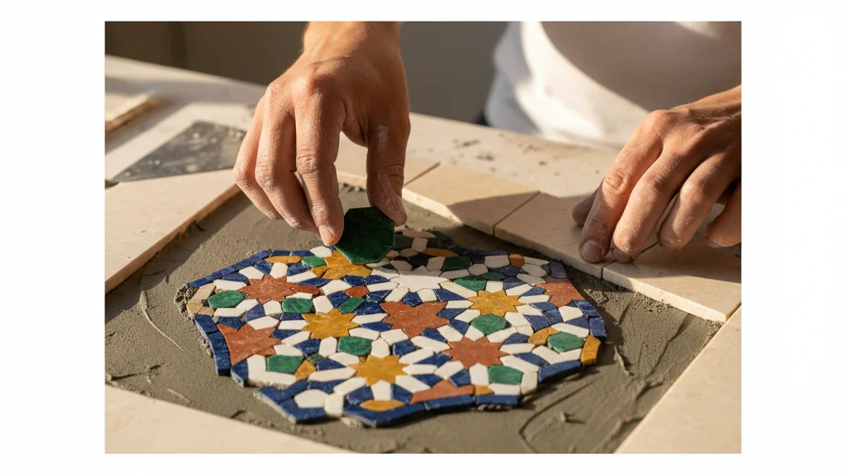 Mãos de artesão posicionando peças de mosaico com precisão, construindo padrão geométrico.