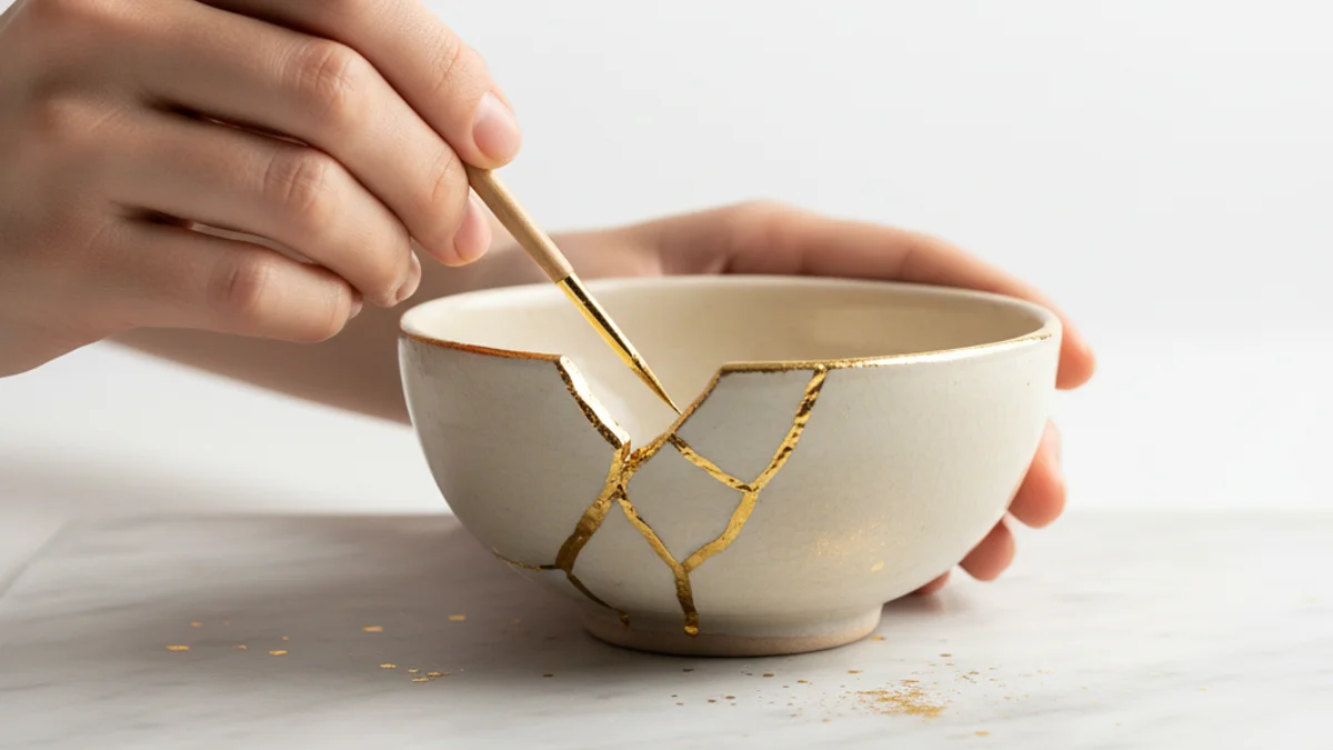 Mãos aplicando ouro em cerâmica rachada com técnica kintsugi sobre mármore branco.