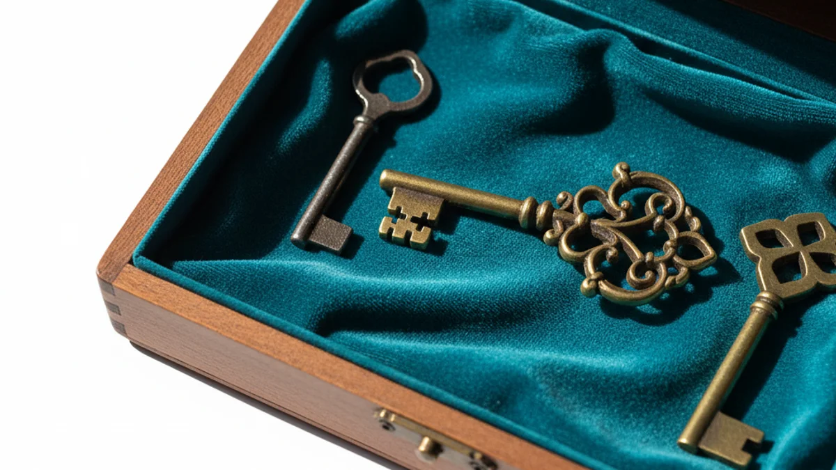 Chave de latão antiga em destaque dentro de caixa de veludo, rodeada por outras chaves.