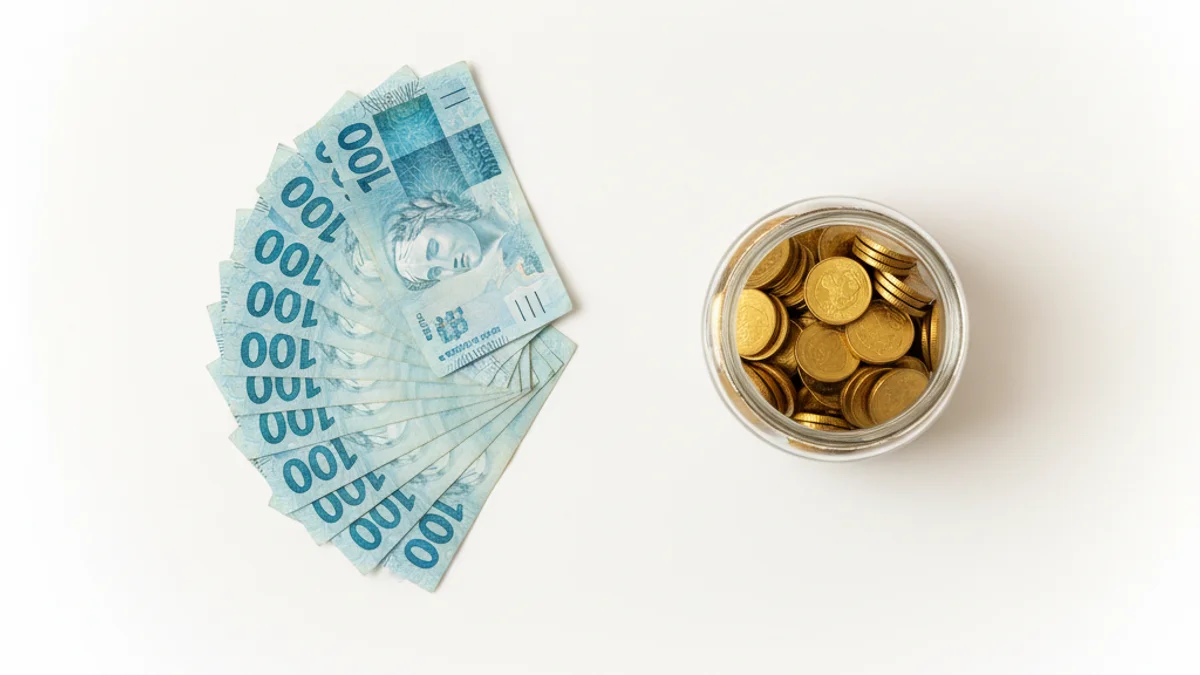 Balança de latão equilibrando estetoscópio e moedas sobre mesa com cédulas de real.