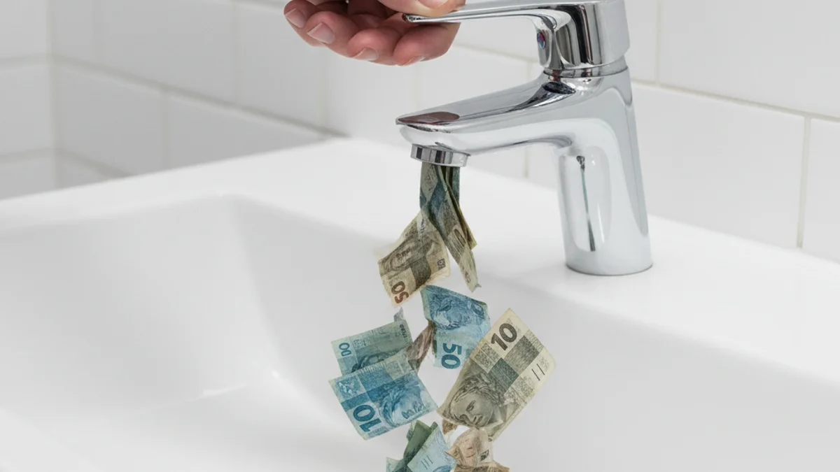 Notas de real escorrendo por uma torneira aberta direto para o ralo da pia.