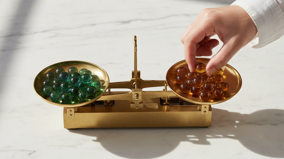 Mão equilibrando bolinhas de vidro em balança de latão sobre mármore branco.