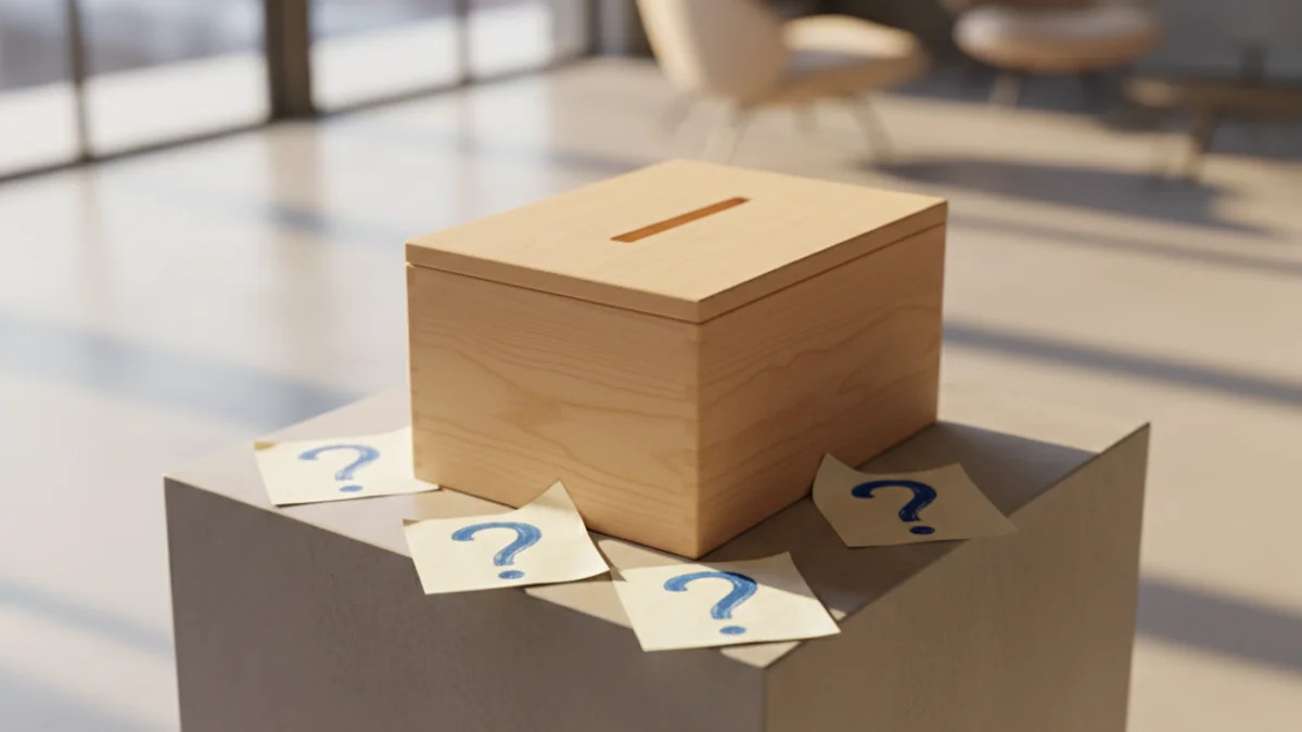 Caixa de sugestões de madeira com papéis dobrados contendo pontos de interrogação ao redor.