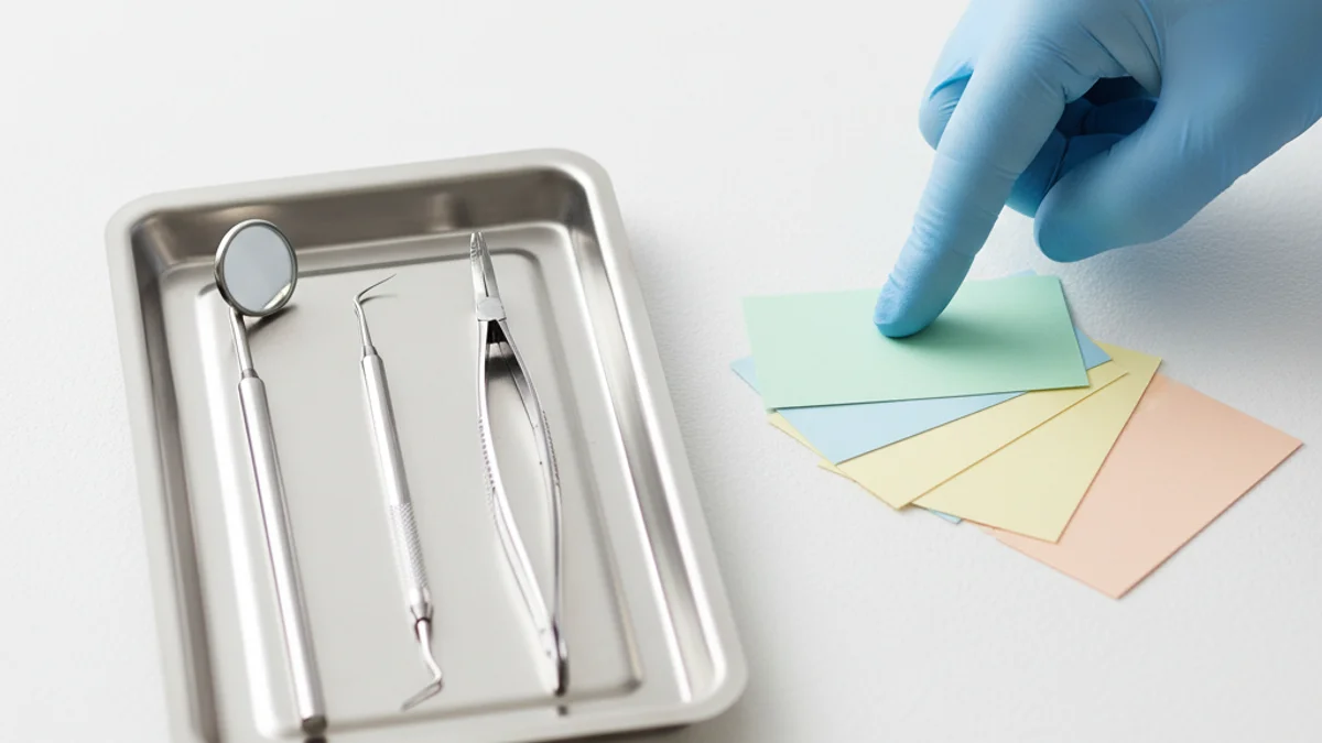 Mão enluvada selecionando fichas sobre bandeja com instrumentos odontológicos profissionais.