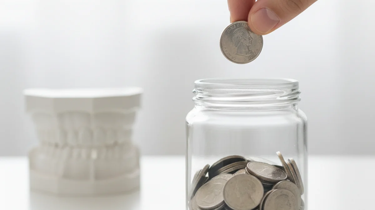 Mão soltando moeda em pote de vidro com modelo dental desfocado ao fundo.