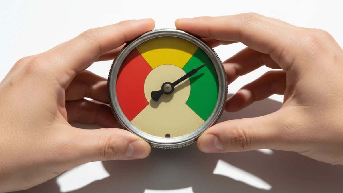 Mãos ajustando ponteiro de medidor analógico em direção à zona ideal verde.