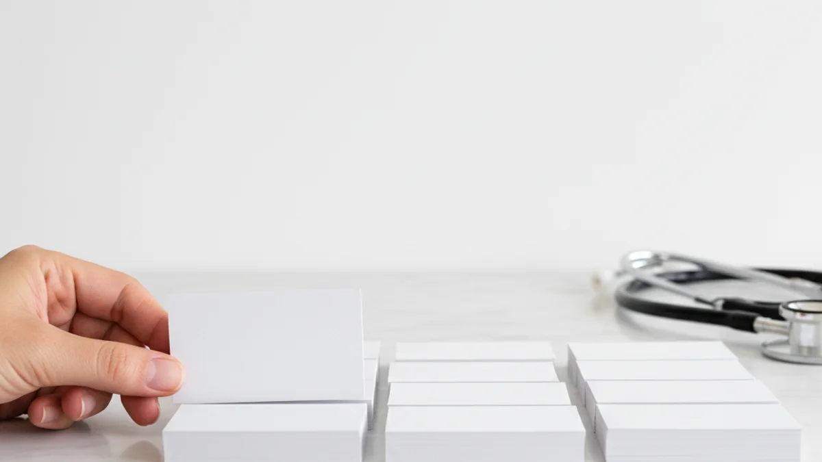 Mãos selecionando cartões brancos sobre superfície de mármore com estetoscópio ao fundo.