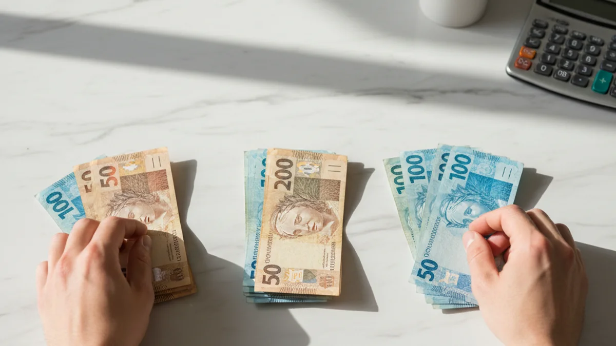 Mãos organizando notas de real em pilhas separadas sobre mesa de mármore.