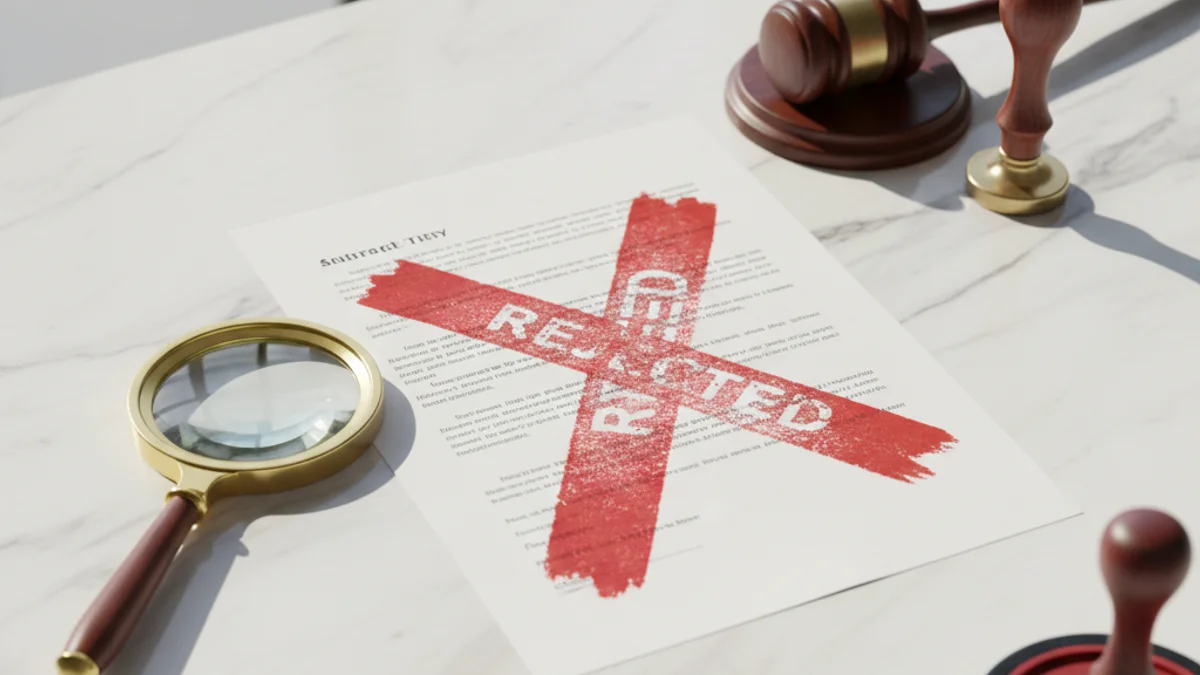 Documento com carimbos de reprovação vermelhos, lupa e martelo sobre mesa de mármore.