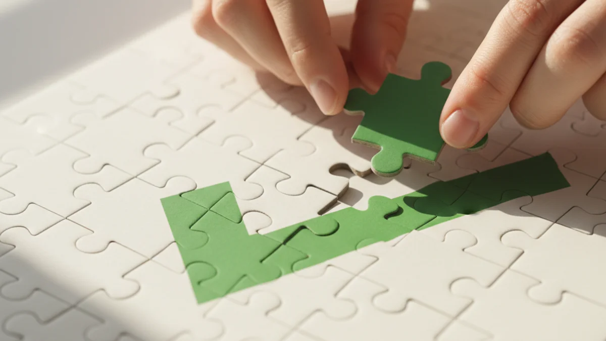 Mãos encaixando peça final de quebra-cabeça formando símbolo de aprovação verde.