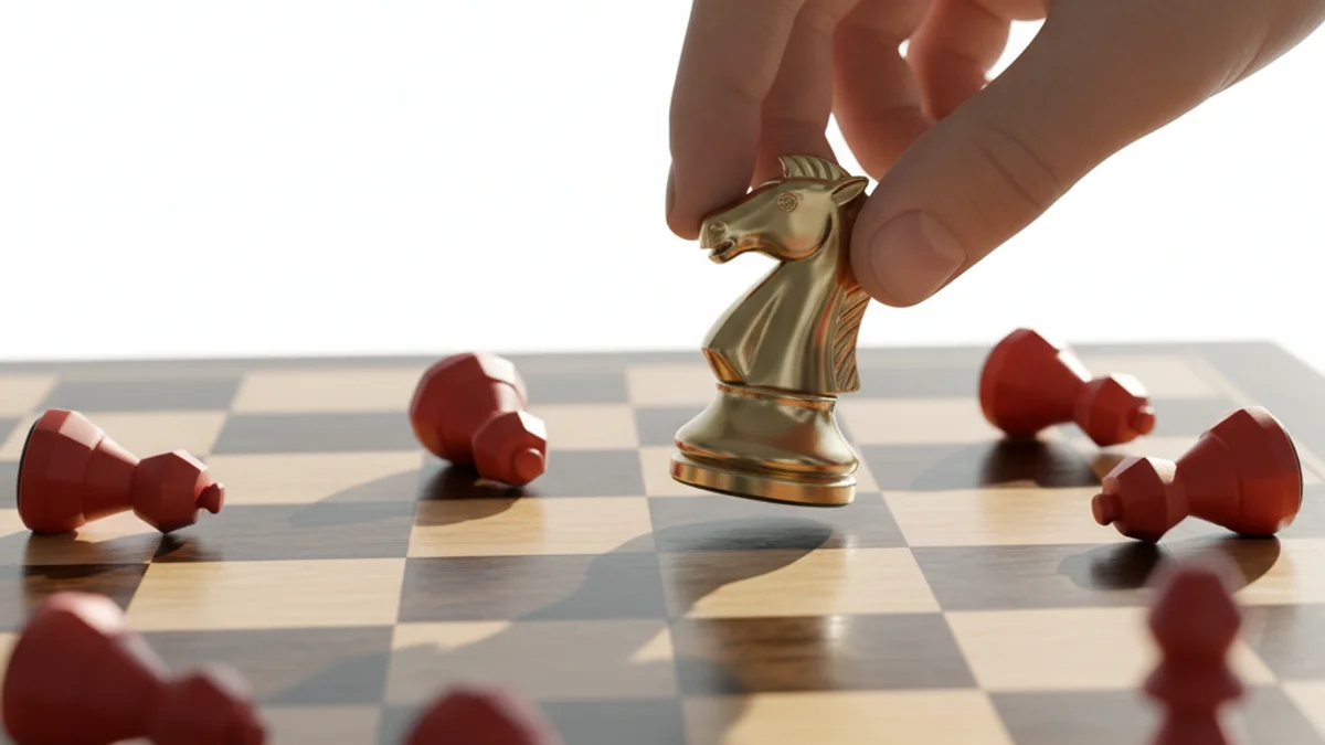Mão posicionando peça de xadrez em tabuleiro com peças adversárias caídas.