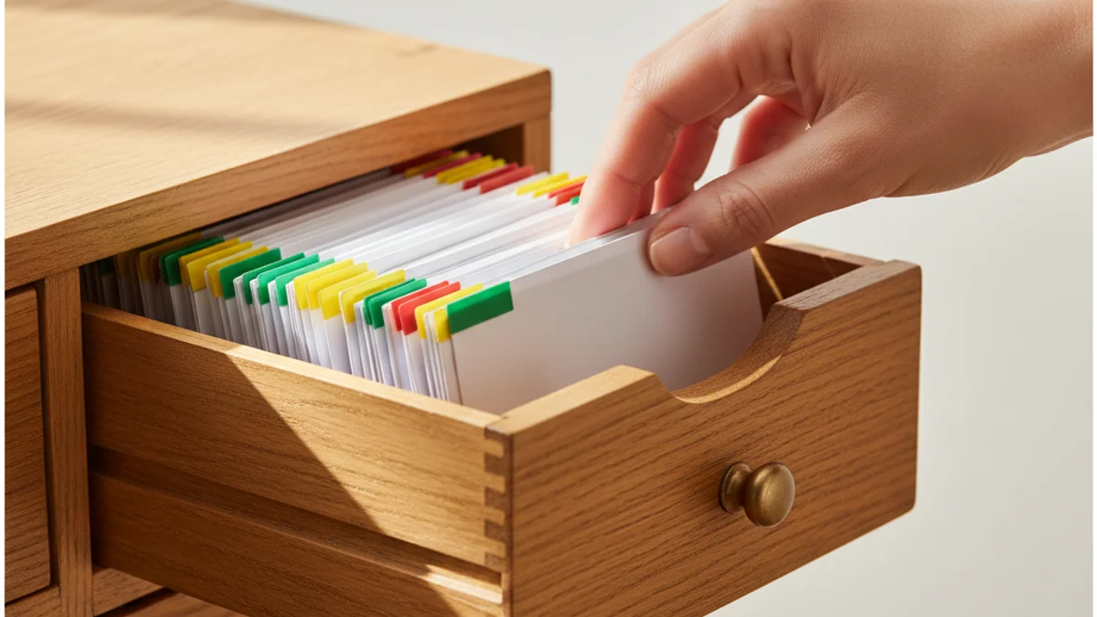 Mão consultando fichas organizadas em gaveta de catálogo de madeira iluminada.