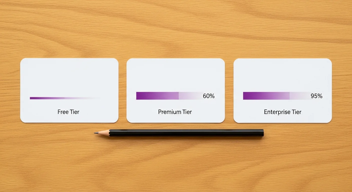 Três cartões impressos lado a lado sobre mesa de madeira, cada um com diferentes níveis de preenchimento representando planos Free, Premium e Enterprise