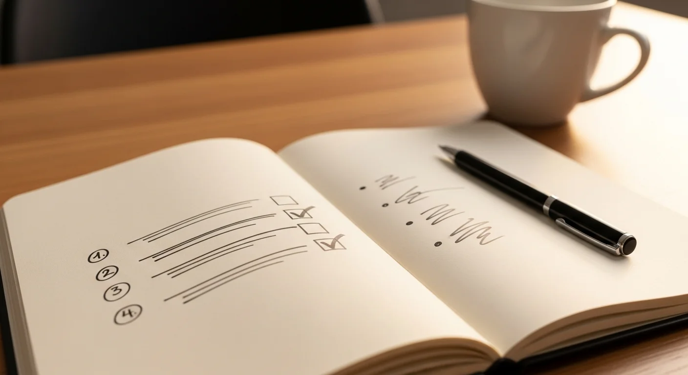 Caderno aberto sobre mesa com lista de práticas de otimização de uso de IA, caneta e xícara de café ao lado