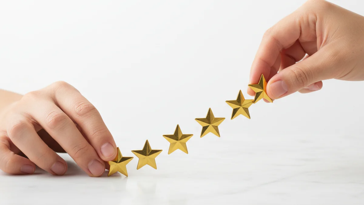 Mãos organizando sete estrelas douradas em escada ascendente sobre mármore branco.