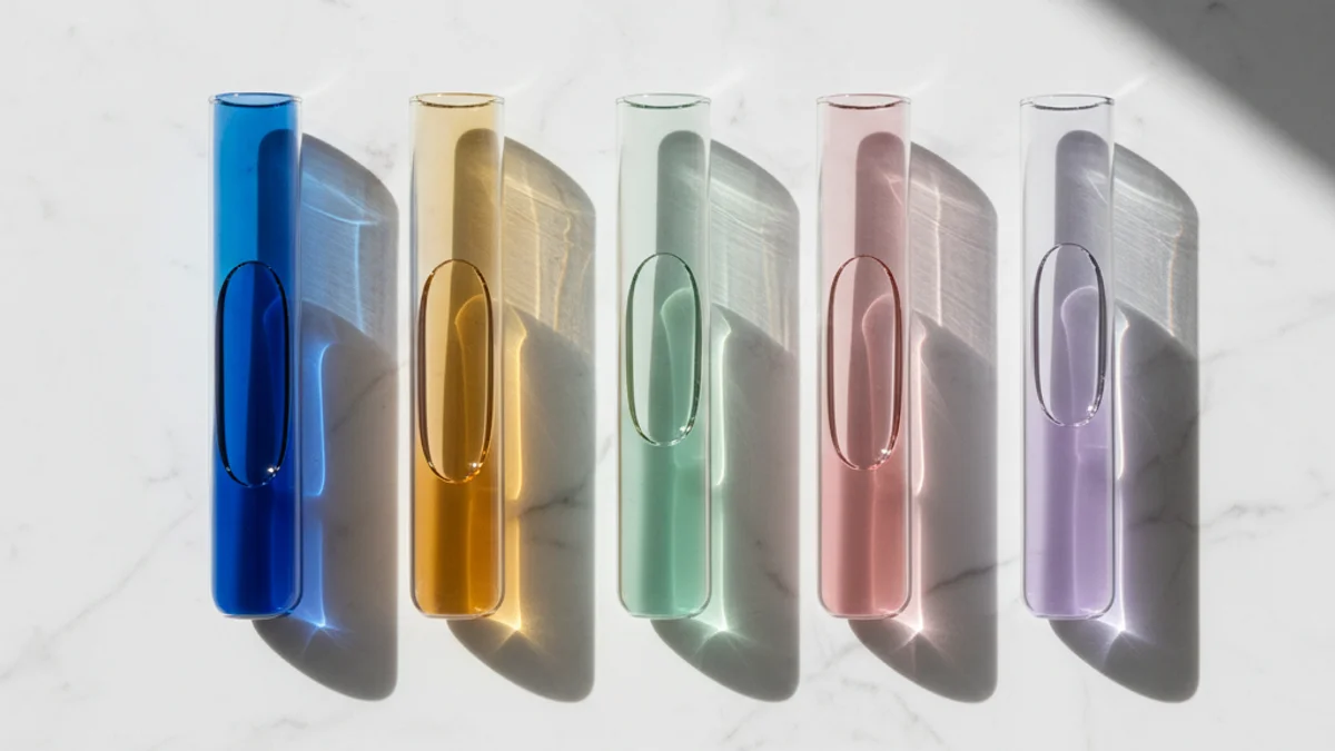 Cinco cilindros graduados com líquidos coloridos em alturas diferentes sobre superfície branca.