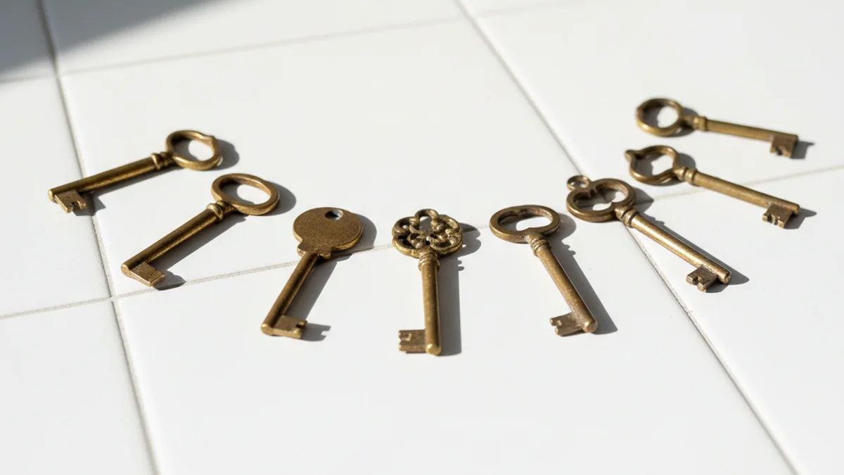 Sete chaves antigas de latão dispostas em arco sobre superfície cerâmica branca.