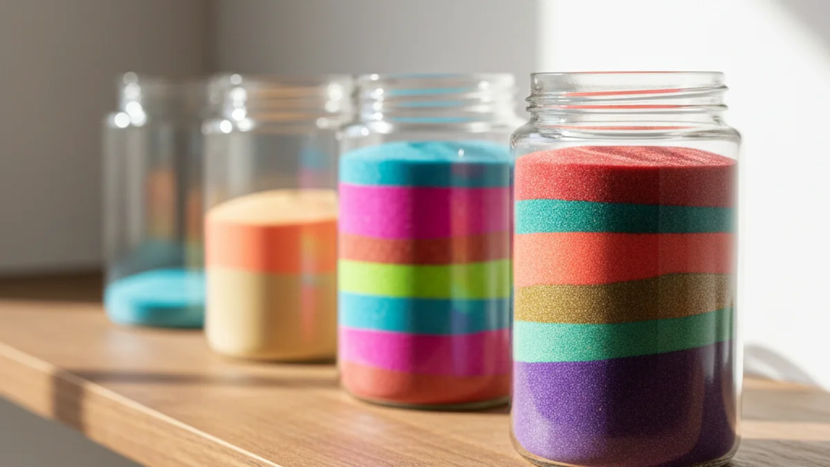 Quatro potes de vidro com camadas progressivas de areia colorida representando etapas.