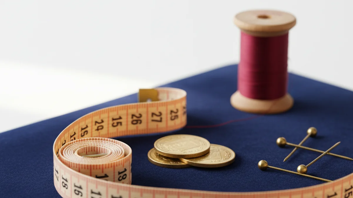 Fita métrica de costura enrolada em moedas douradas sobre veludo azul-marinho.