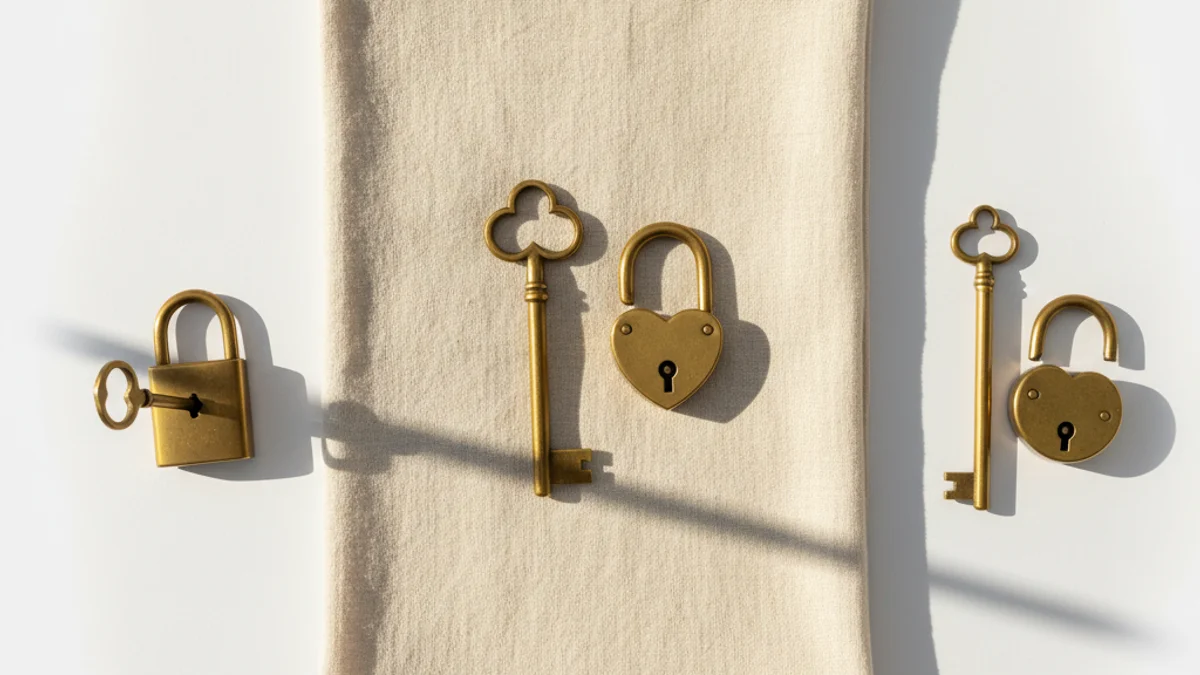 Chaves de latão vintage e cadeados sobre linho, simbolizando perguntas e respostas.