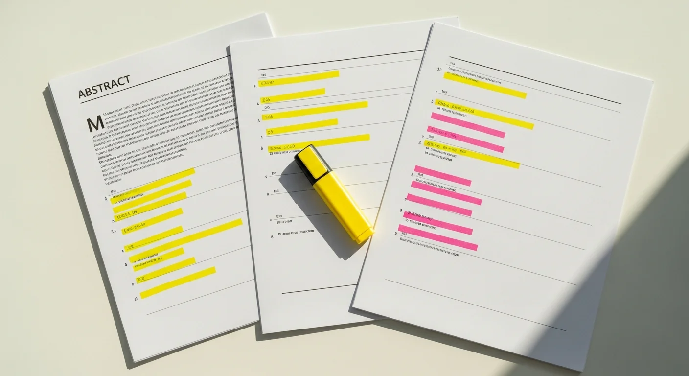 Artigos acadêmicos impressos com marcações em amarelo e rosa sobre mesa branca — revisão bibliográfica com IA na pós-graduação