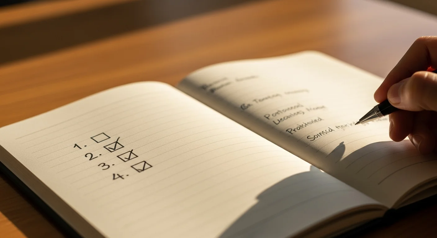 Caderno aberto com lista numerada de hábitos — checkboxes marcados à mão representando método transferido dos estudos para o trabalho