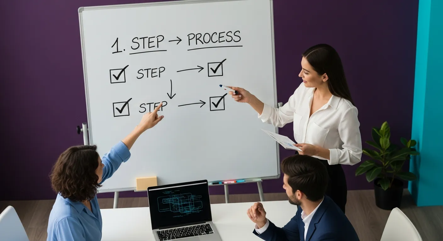 Equipe discutindo processo de revisão em frente a quadro branco com checklist