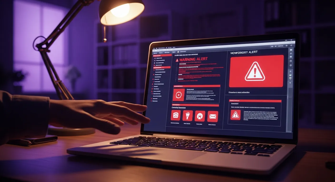 Tela de laptop com alertas de segurança em vermelho e mão paralisada sobre o teclado