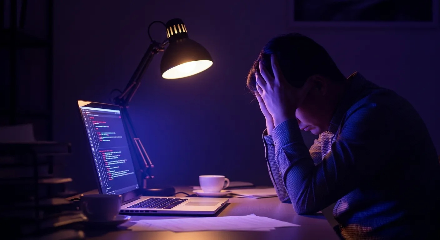 Profissional estressado diante de laptop com código e erros na tela