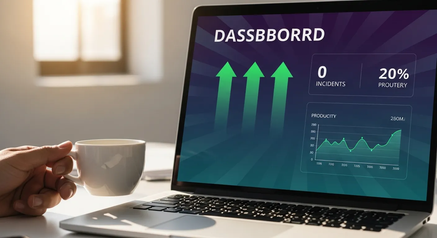 Dashboard com métricas positivas de produtividade e zero incidentes de segurança