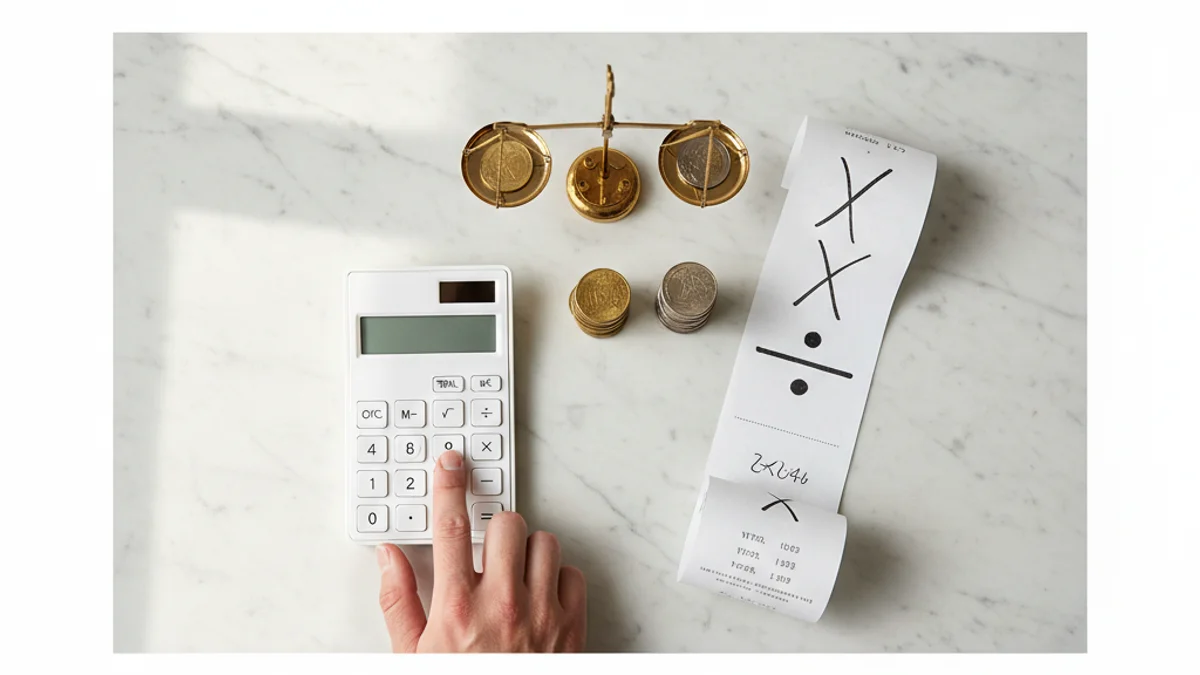 Mão calculando fórmulas financeiras com calculadora, moedas e papel impresso.