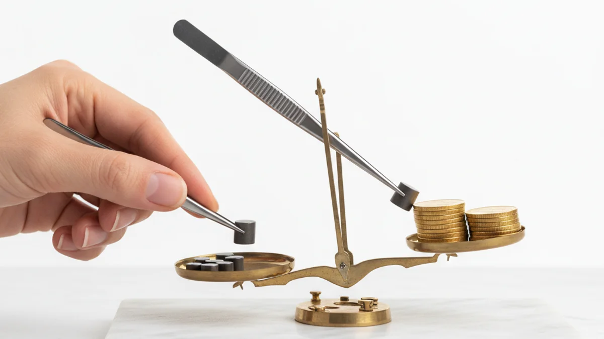 Mãos com pinças removendo pesos de uma balança dourada com moedas empilhadas.