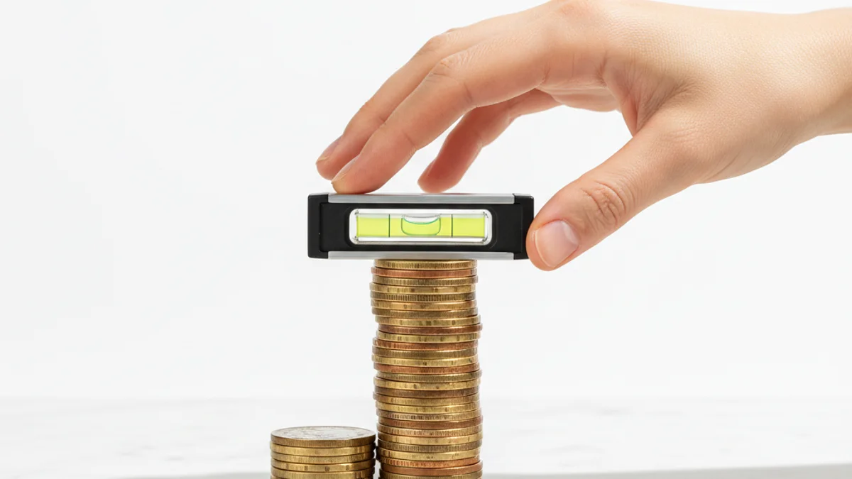 Mão equilibrando nível de bolha sobre pilha de moedas empilhadas com precisão.