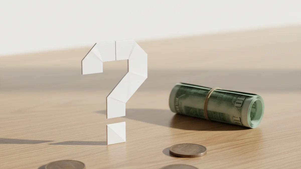 Origami em forma de interrogação sobre mesa de madeira clara com moedas espalhadas.