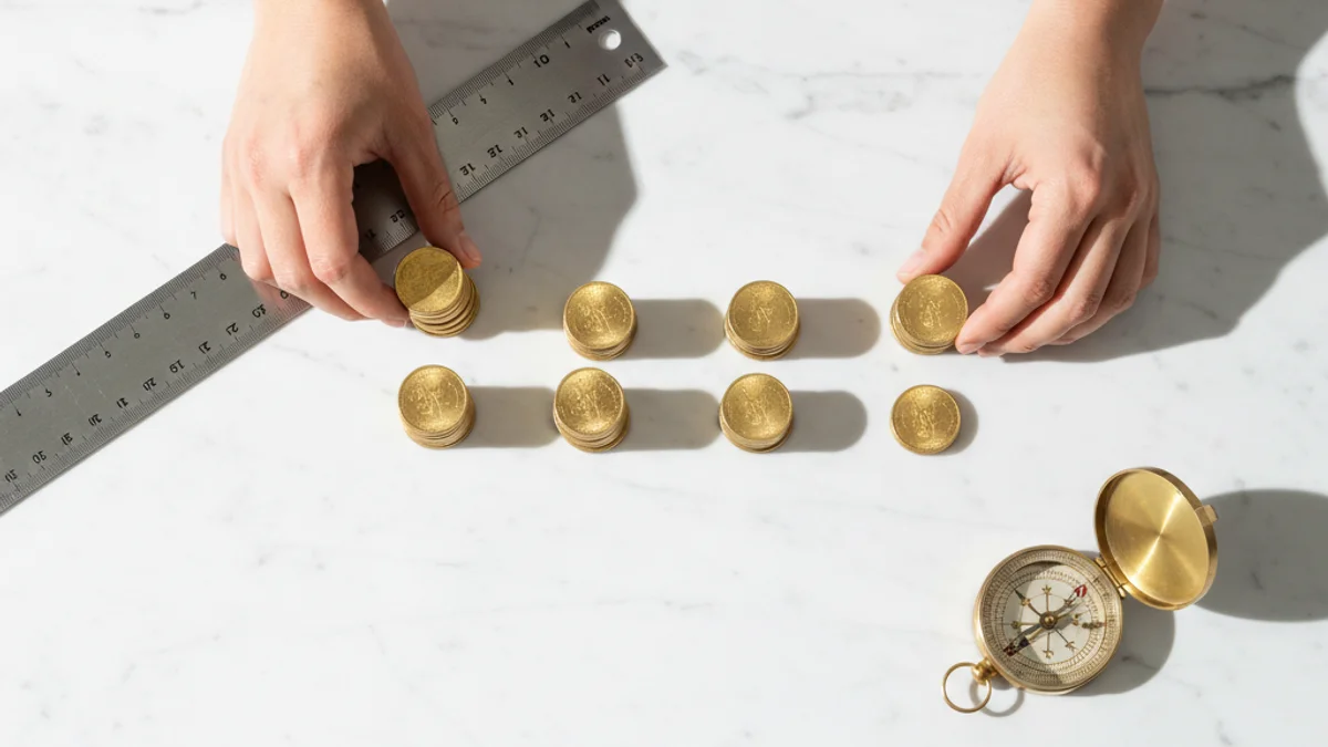 Mãos organizando pilhas de moedas com régua e compasso sobre mármore branco.