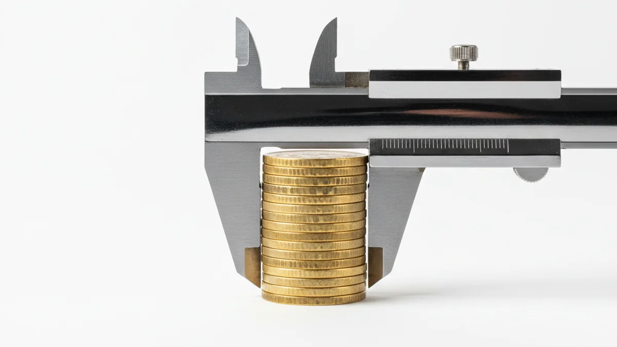 Paquímetro de aço inoxidável medindo com precisão uma pilha de moedas douradas.