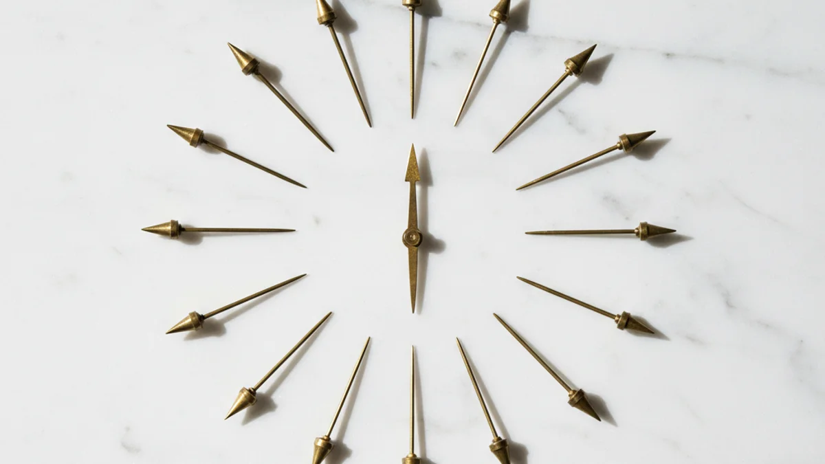 Agulhas de bússola de latão dispostas em padrão radial sobre mármore branco.