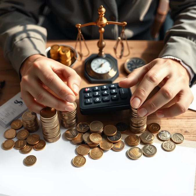 Mãos calculando sobre mesa com moedas empilhadas, balança e bússola ao fundo.