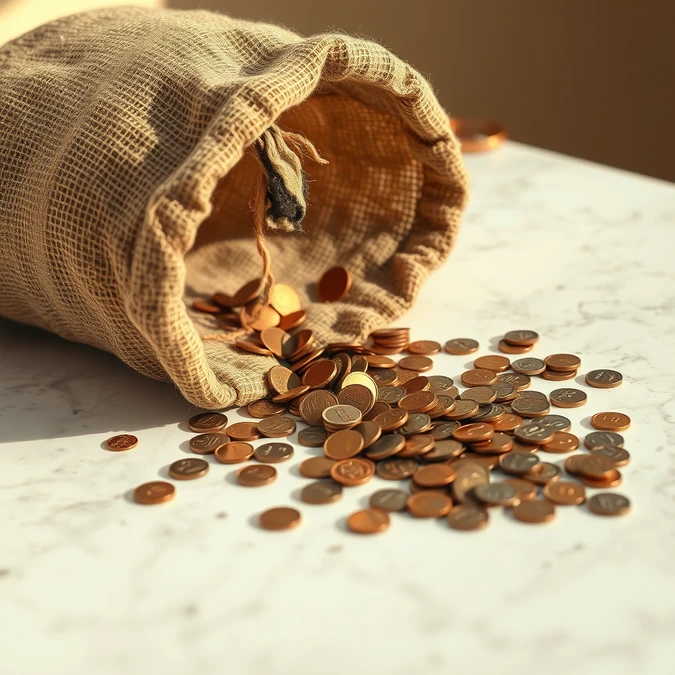 Saco de estopa rasgado sobre mármore com moedas escapando pela fenda, simbolizando perda financeira.