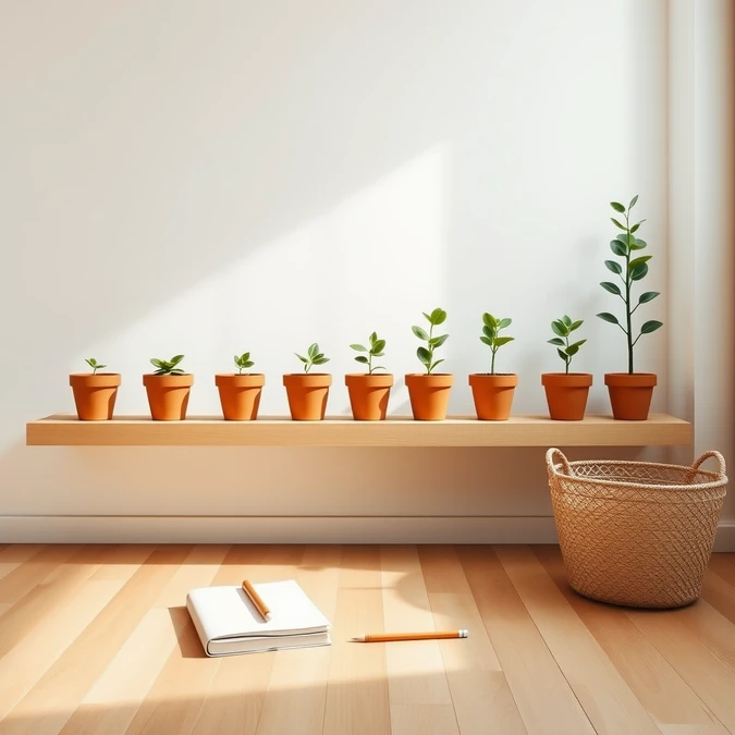 Fileira de doze vasos com plantas crescendo em altura progressiva sobre prateleira de madeira.