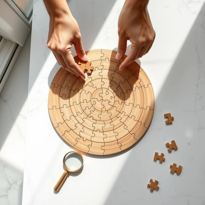 Mãos encaixando a última peça de um quebra-cabeças circular de madeira sobre mármore branco.