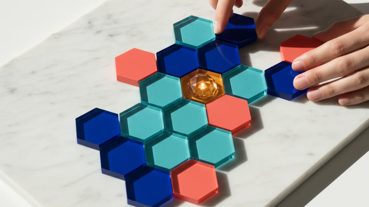 Mãos organizando tokens coloridos em grade hexagonal, com um token central iluminado em destaque.