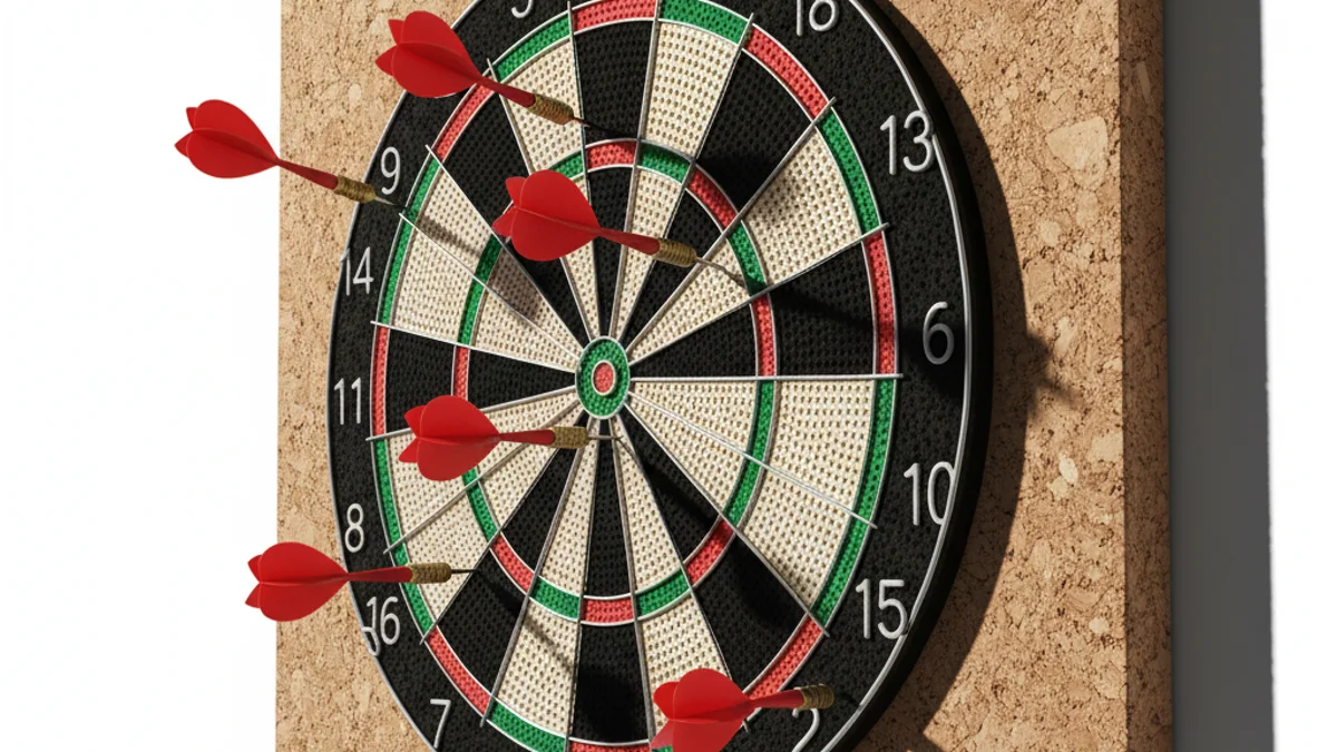 Cinco dardos fincados longe do alvo em um dartboard iluminado lateralmente.