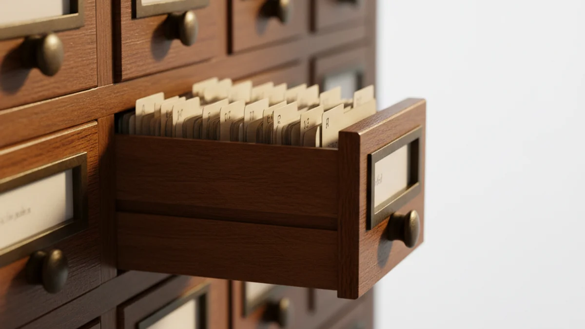 Gaveta de fichário de madeira aberta com fichas organizadas em fileiras.