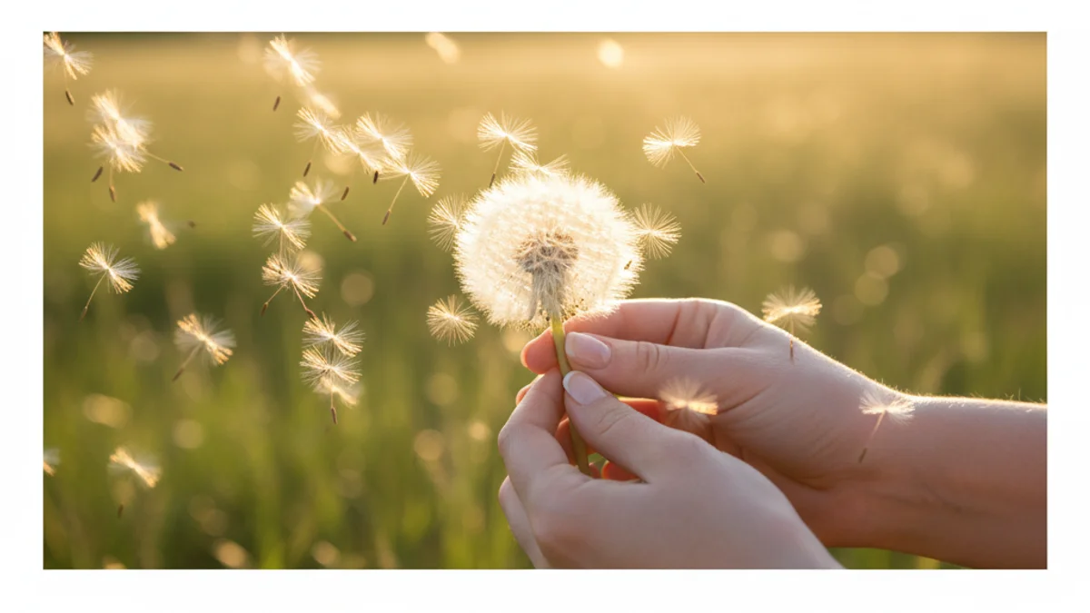 Mãos soltando uma dente-de-leão com sementes se espalhando ao vento em campo iluminado.